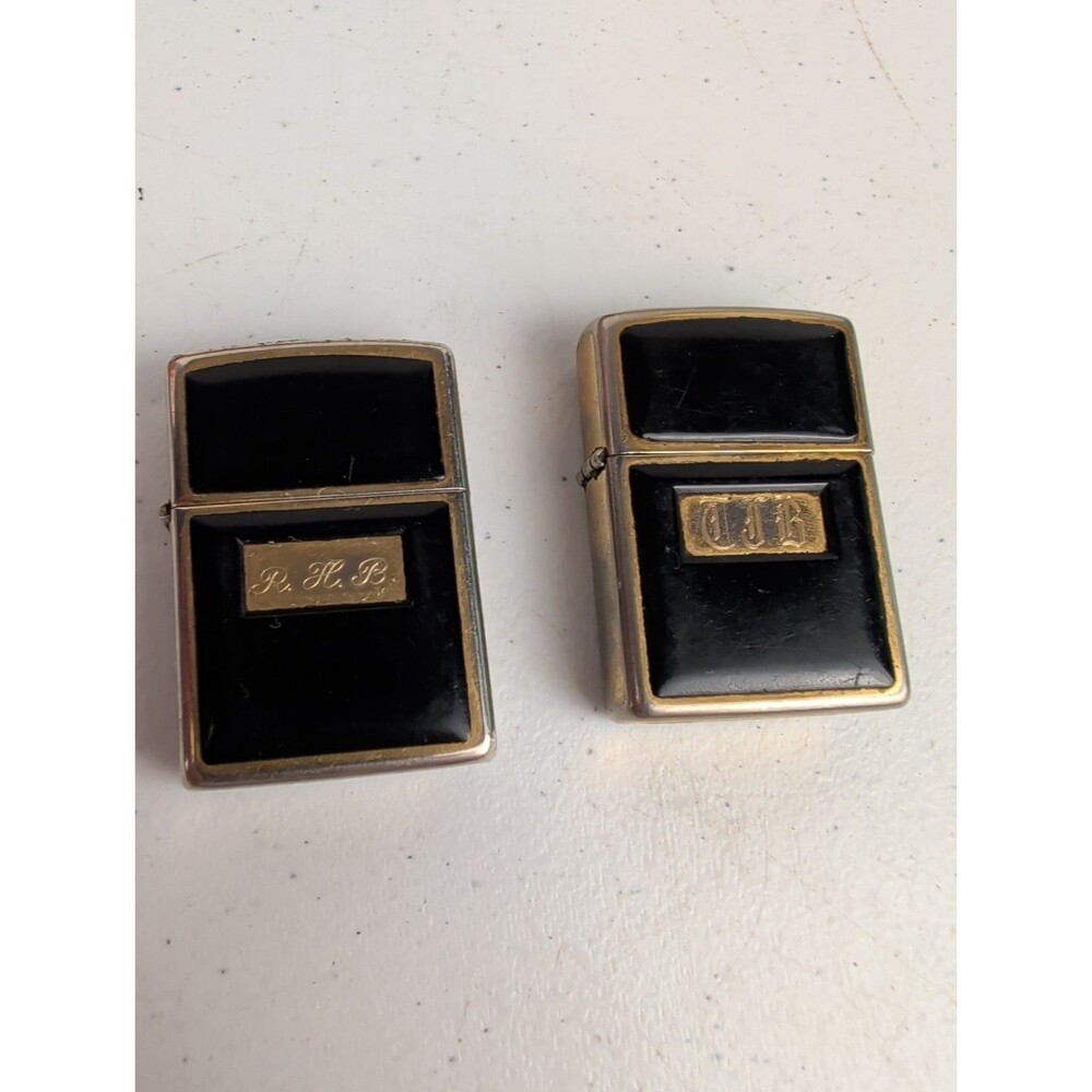Vintage Black Elegance Gold Plated Zippo Lighter Engraved Lot Of 2